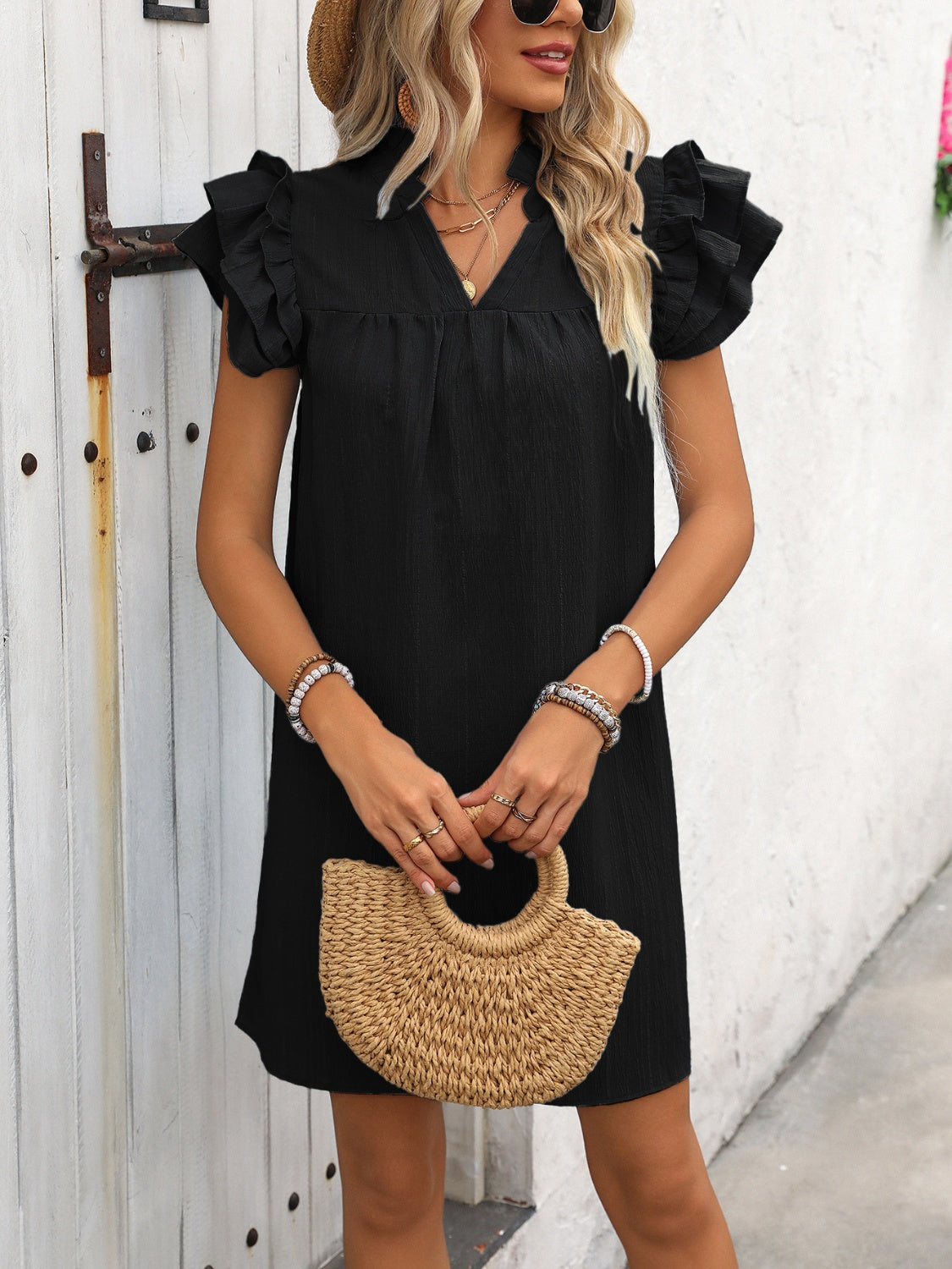 Ruffled Short Sleeve Mini Dress with Notched Neck - MARIGOLD
