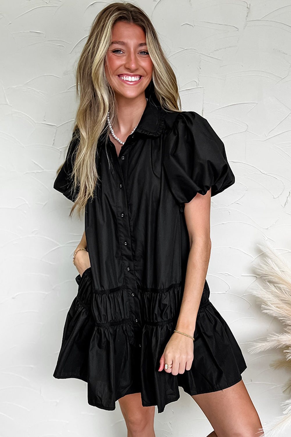 Black Button Down Puff Sleeve Ruffle Hem Dress - MARIGOLD