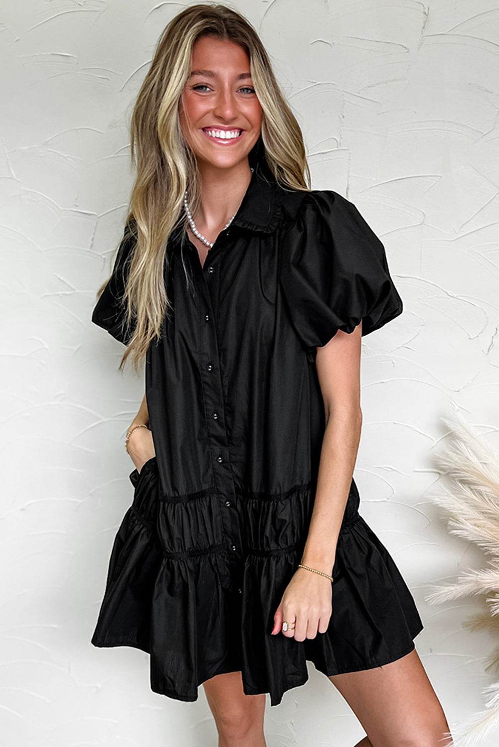 Black Button Down Puff Sleeve Ruffle Hem Dress - MARIGOLD