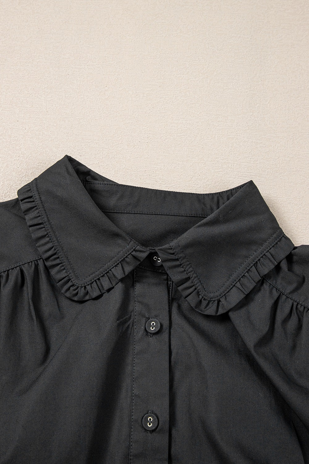 Black Button Down Puff Sleeve Ruffle Hem Dress - MARIGOLD
