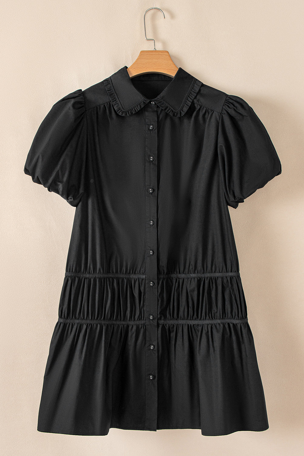 Black Button Down Puff Sleeve Ruffle Hem Dress - MARIGOLD