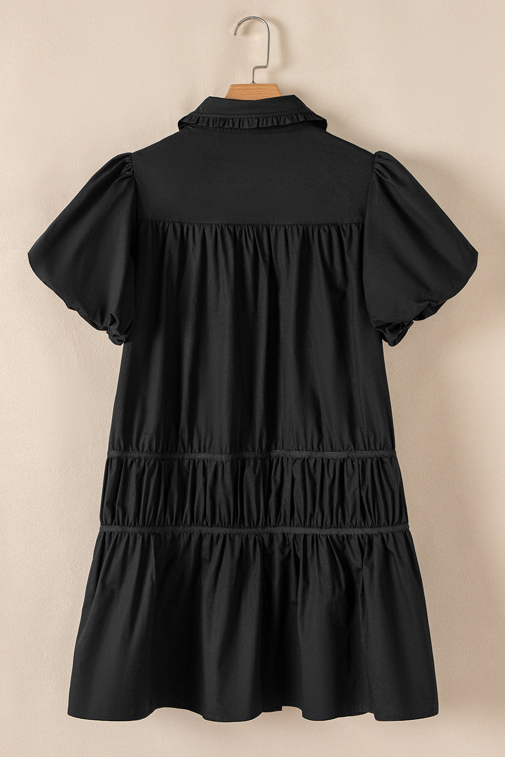 Black Button Down Puff Sleeve Ruffle Hem Dress - MARIGOLD