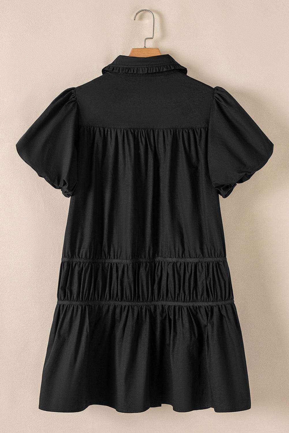Black Button Down Puff Sleeve Ruffle Hem Dress - MARIGOLD