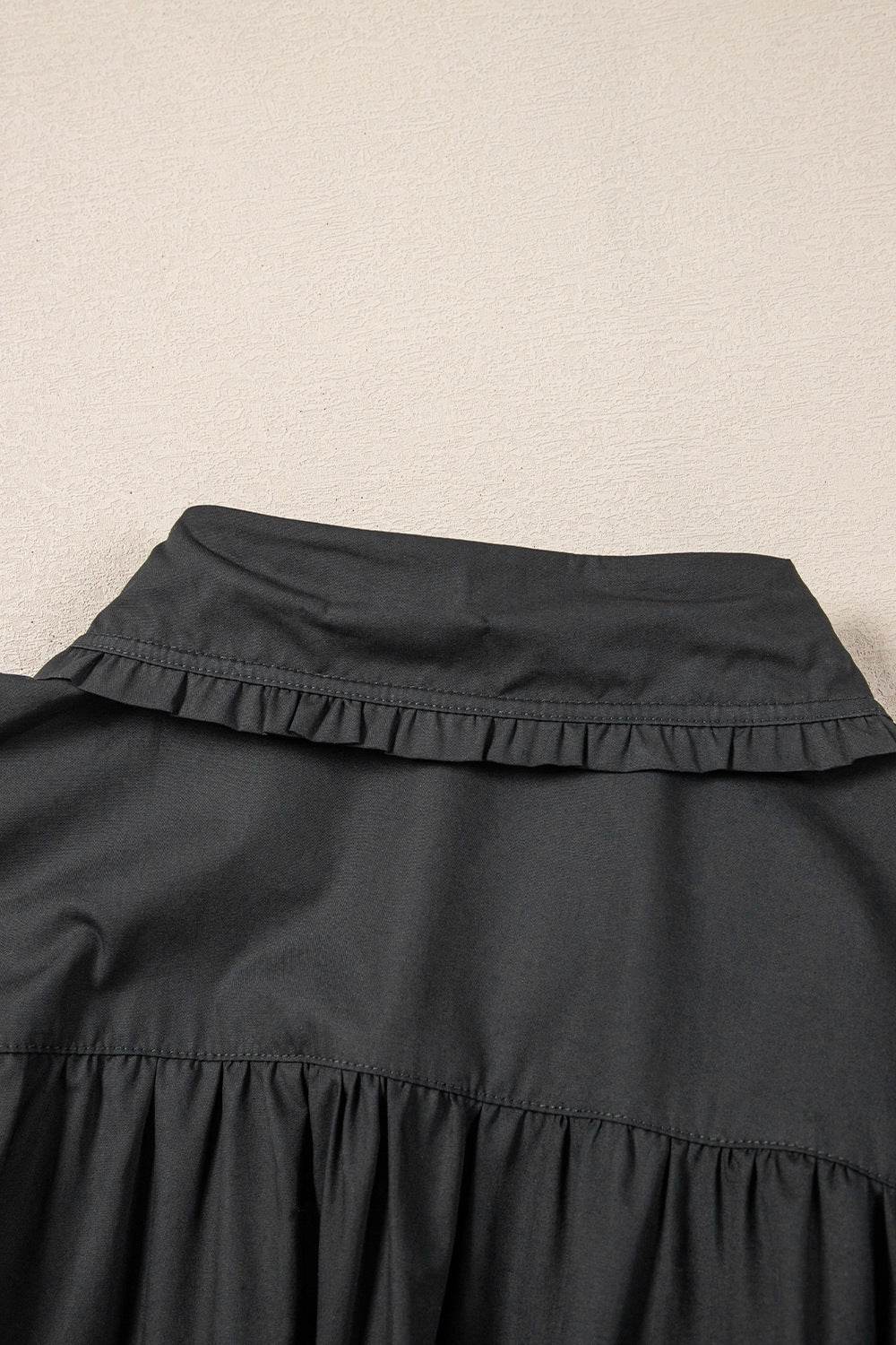Black Button Down Puff Sleeve Ruffle Hem Dress - MARIGOLD