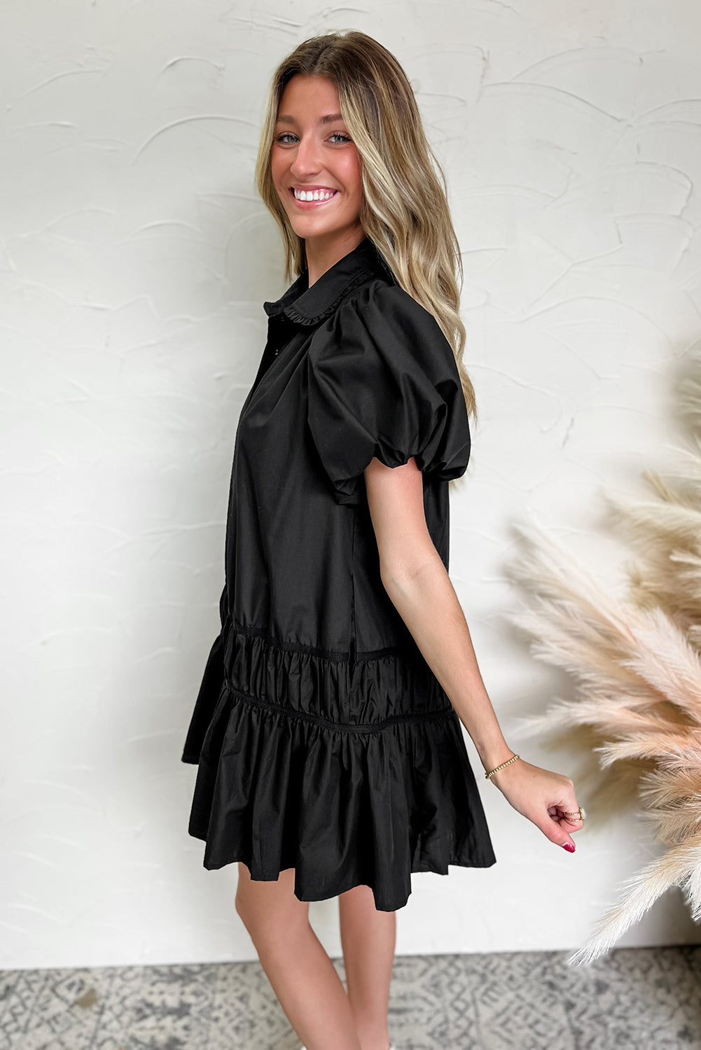 Black Button Down Puff Sleeve Ruffle Hem Dress - MARIGOLD