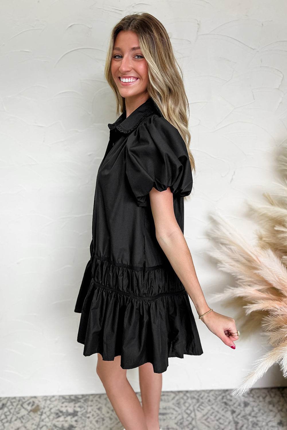 Black Button Down Puff Sleeve Ruffle Hem Dress - MARIGOLD