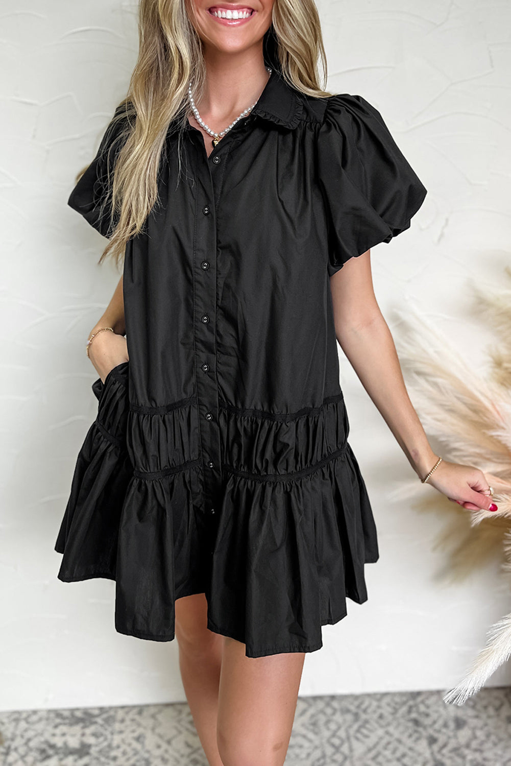 Black Button Down Puff Sleeve Ruffle Hem Dress - MARIGOLD