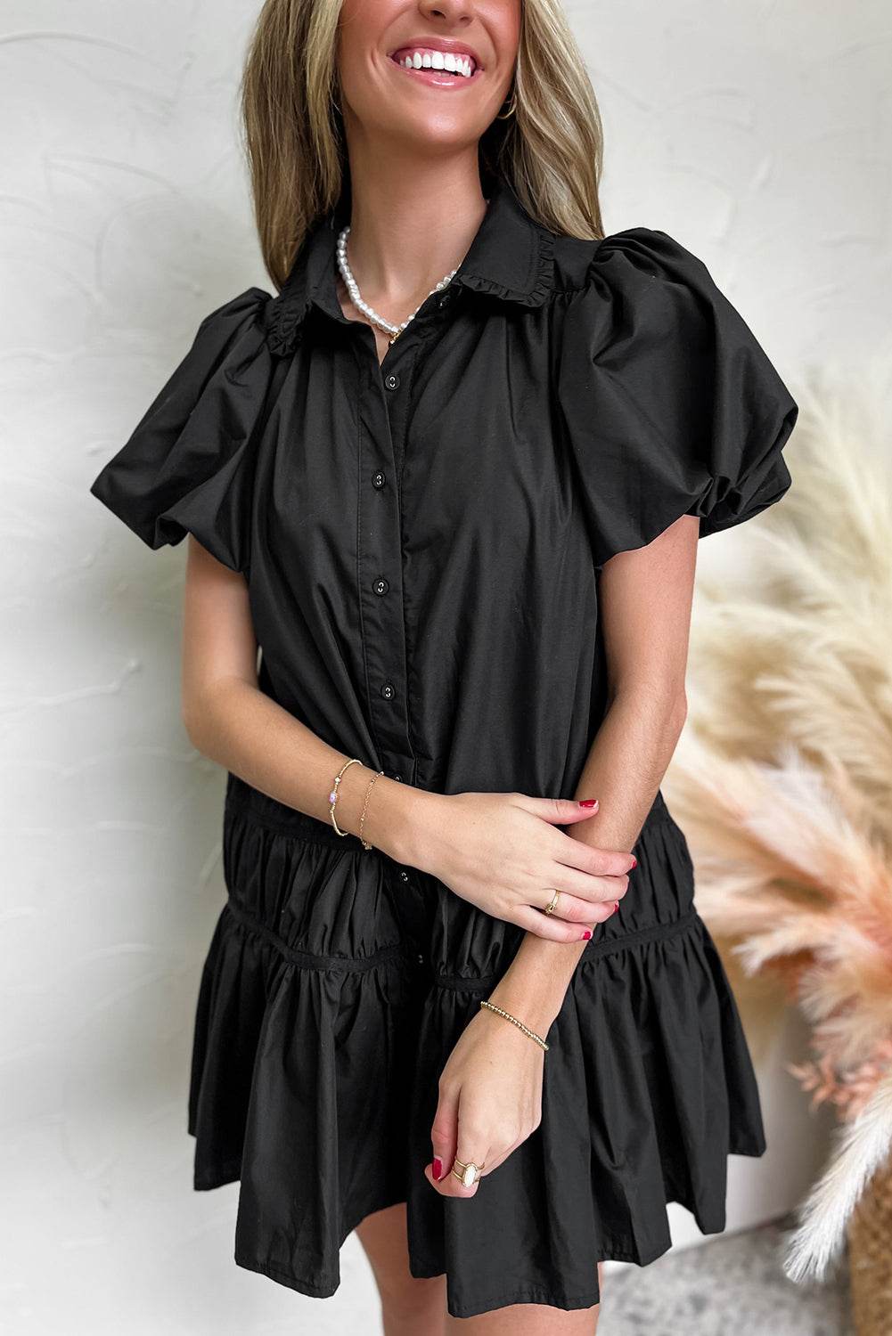 Black Button Down Puff Sleeve Ruffle Hem Dress - MARIGOLD