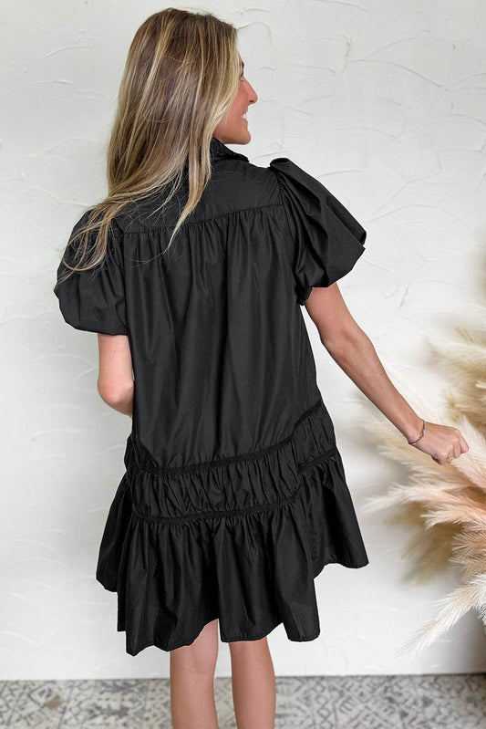 Black Button Down Puff Sleeve Ruffle Hem Dress - MARIGOLD