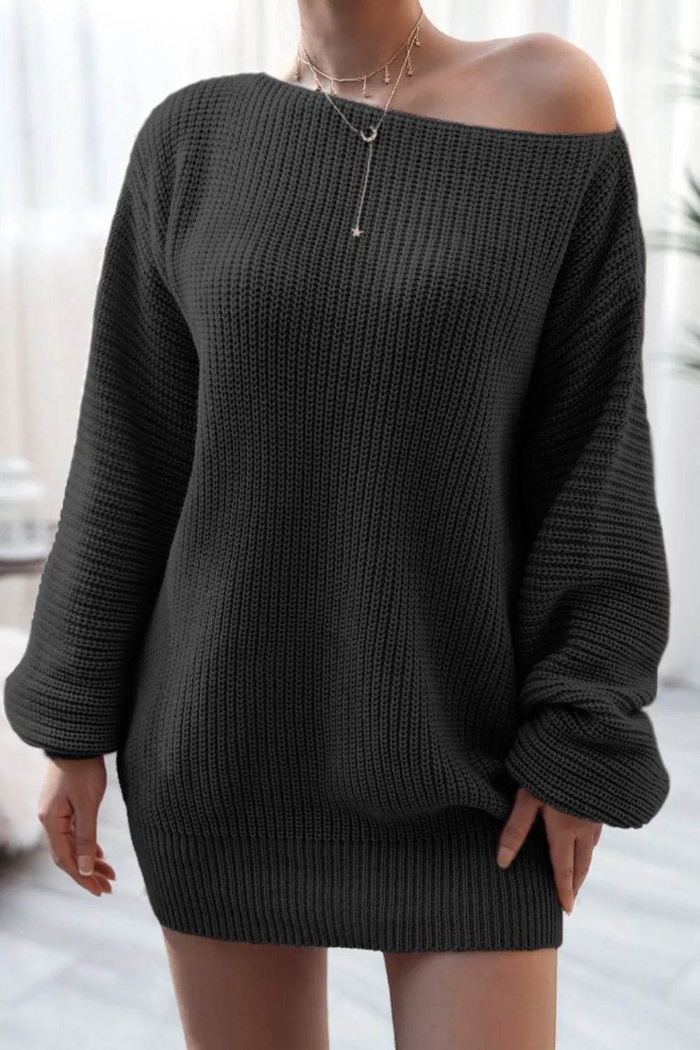 Boat Neck Long Sleeve Mini Sweater Dress - MARIGOLD