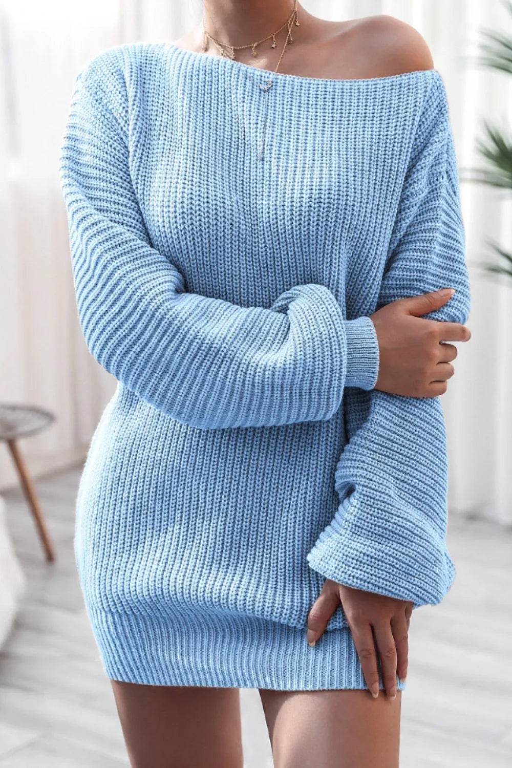 Boat Neck Long Sleeve Mini Sweater Dress - MARIGOLD