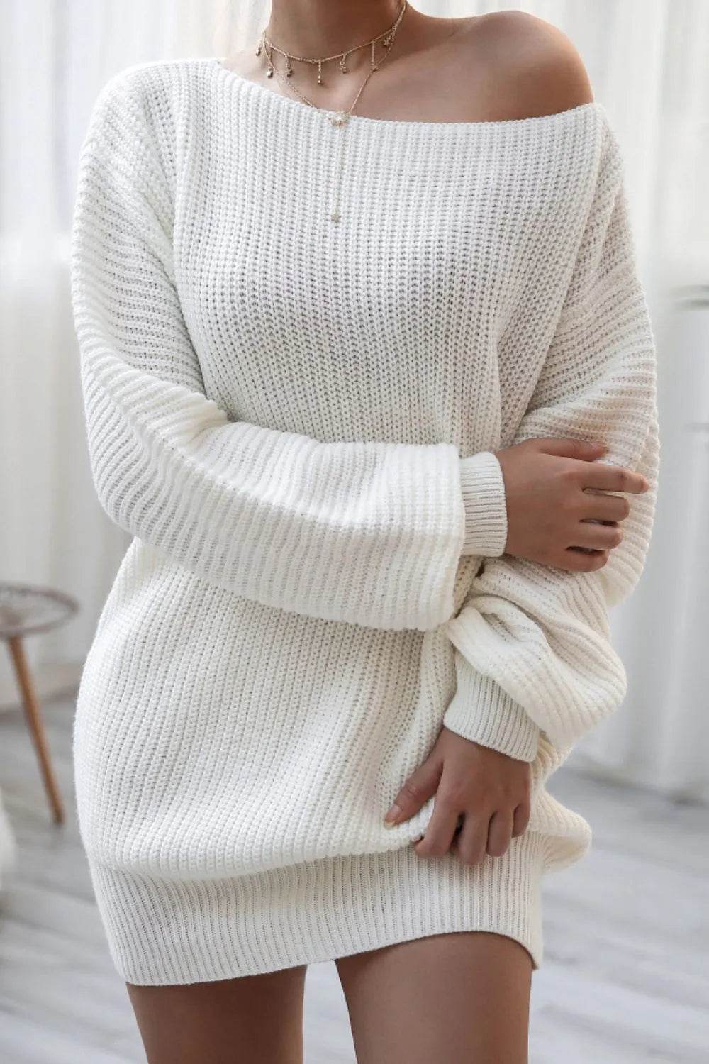 Boat Neck Long Sleeve Mini Sweater Dress - MARIGOLD