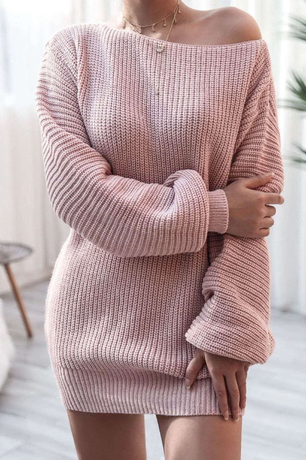 Boat Neck Long Sleeve Mini Sweater Dress - MARIGOLD