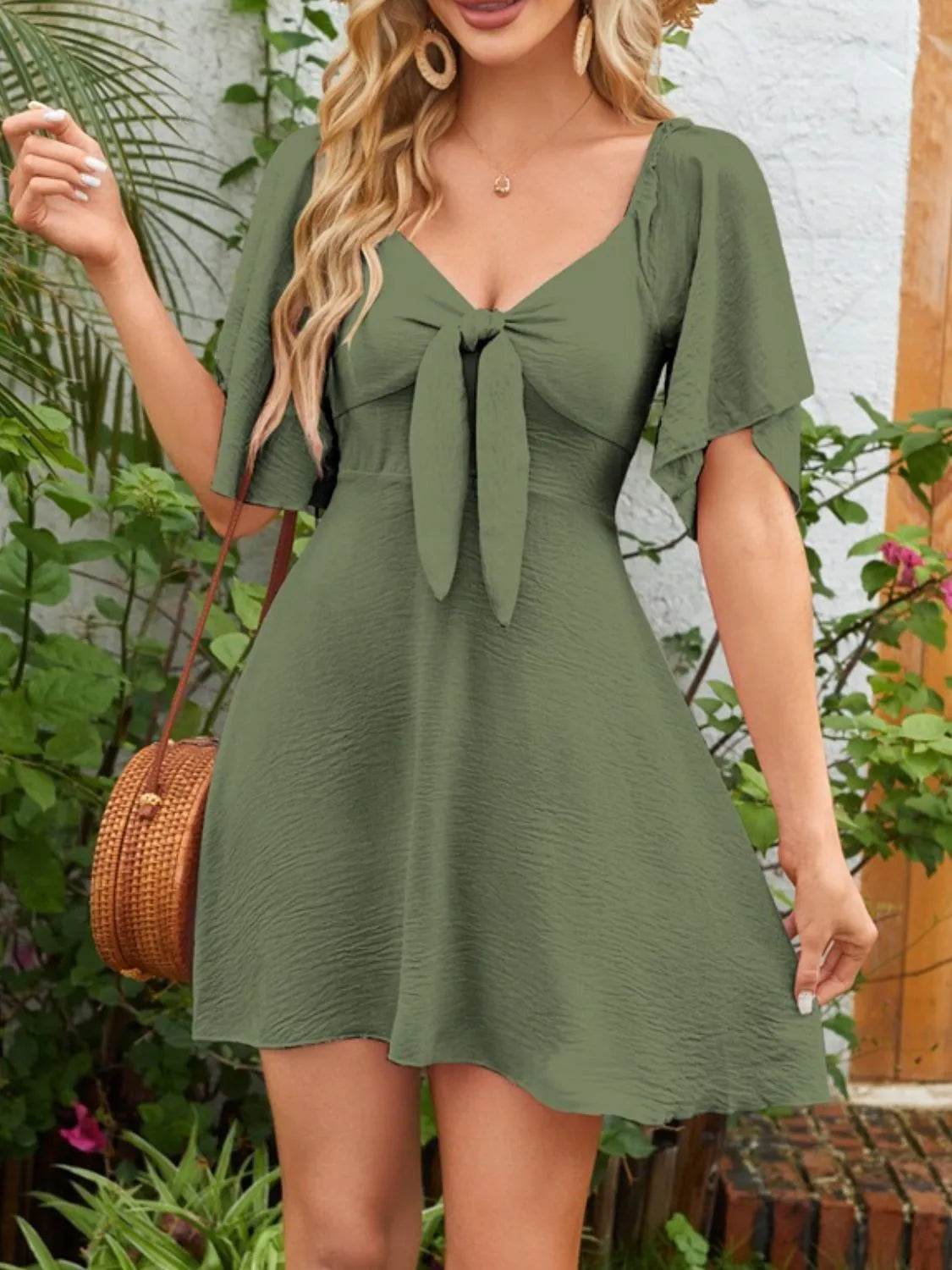 Bow Tie Front Angel Sleeve Mini Dress - MARIGOLD