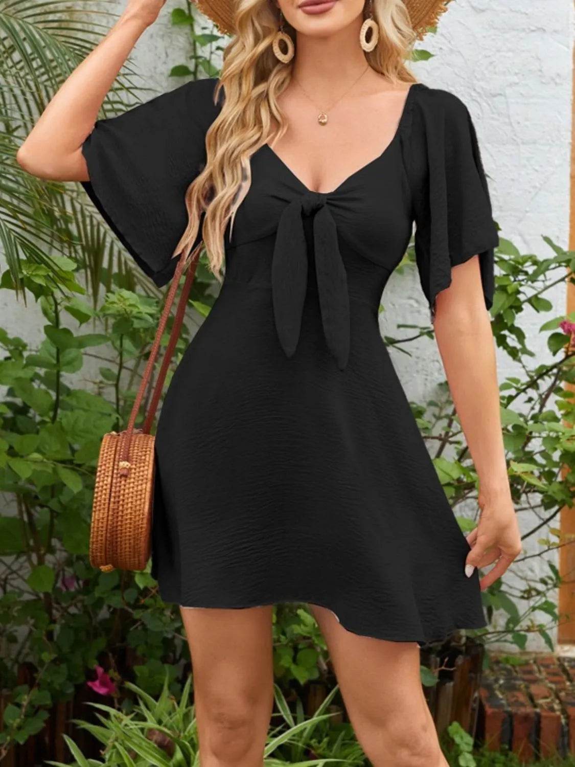 Bow Tie Front Angel Sleeve Mini Dress - MARIGOLD