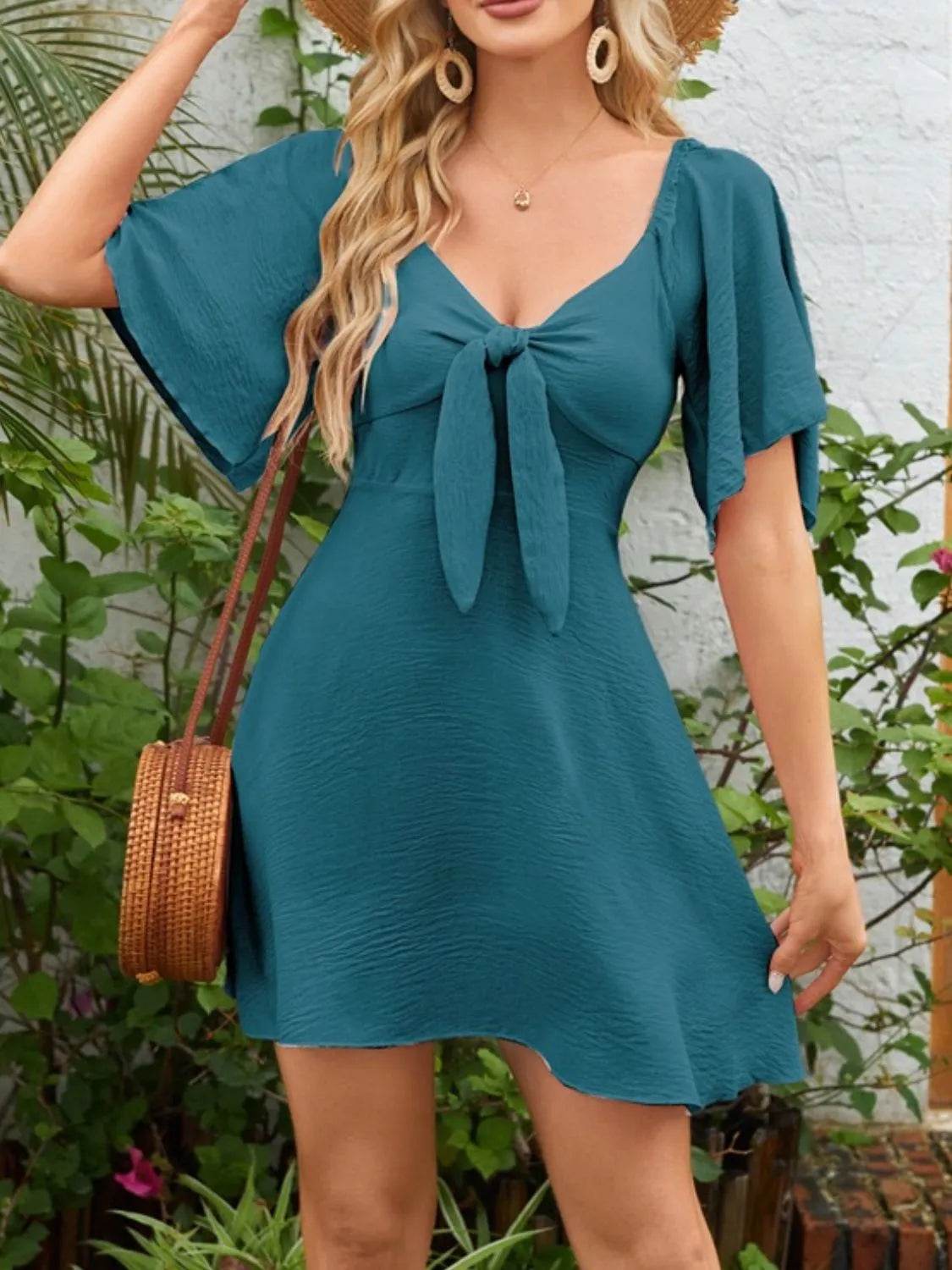 Bow Tie Front Angel Sleeve Mini Dress - MARIGOLD