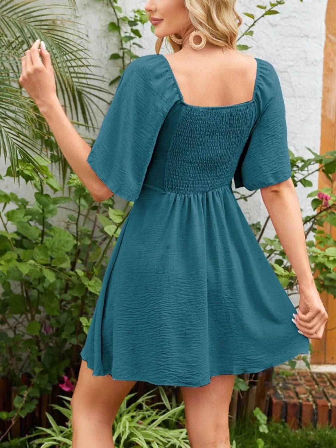 Bow Tie Front Angel Sleeve Mini Dress - MARIGOLD