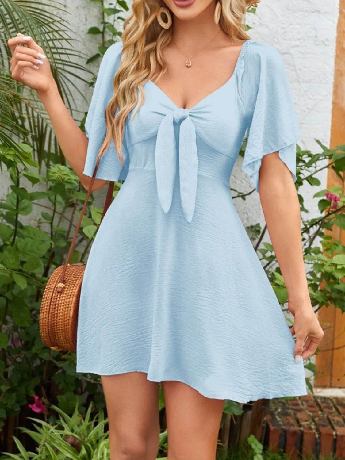 Bow Tie Front Angel Sleeve Mini Dress - MARIGOLD