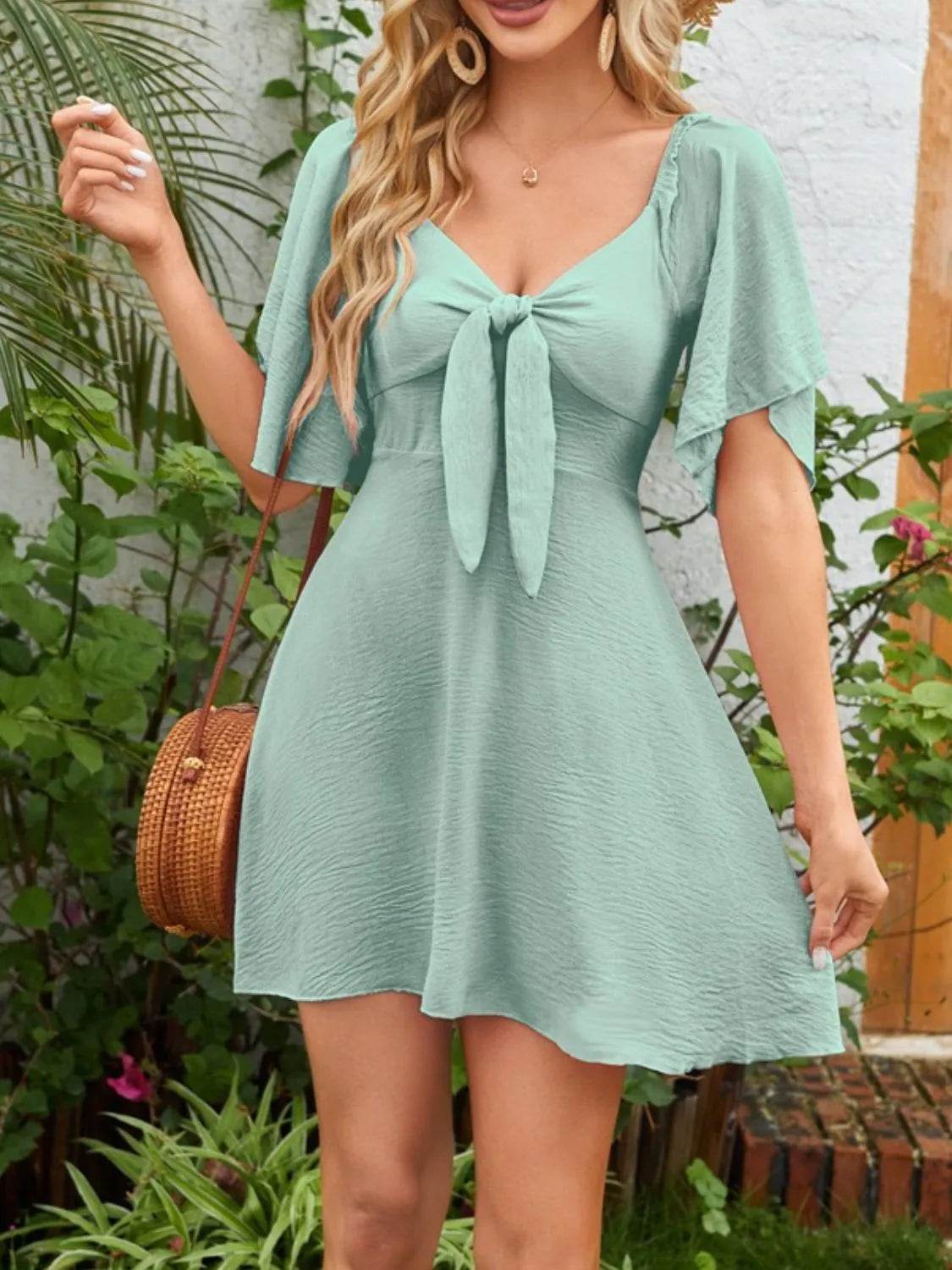 Bow Tie Front Angel Sleeve Mini Dress - MARIGOLD