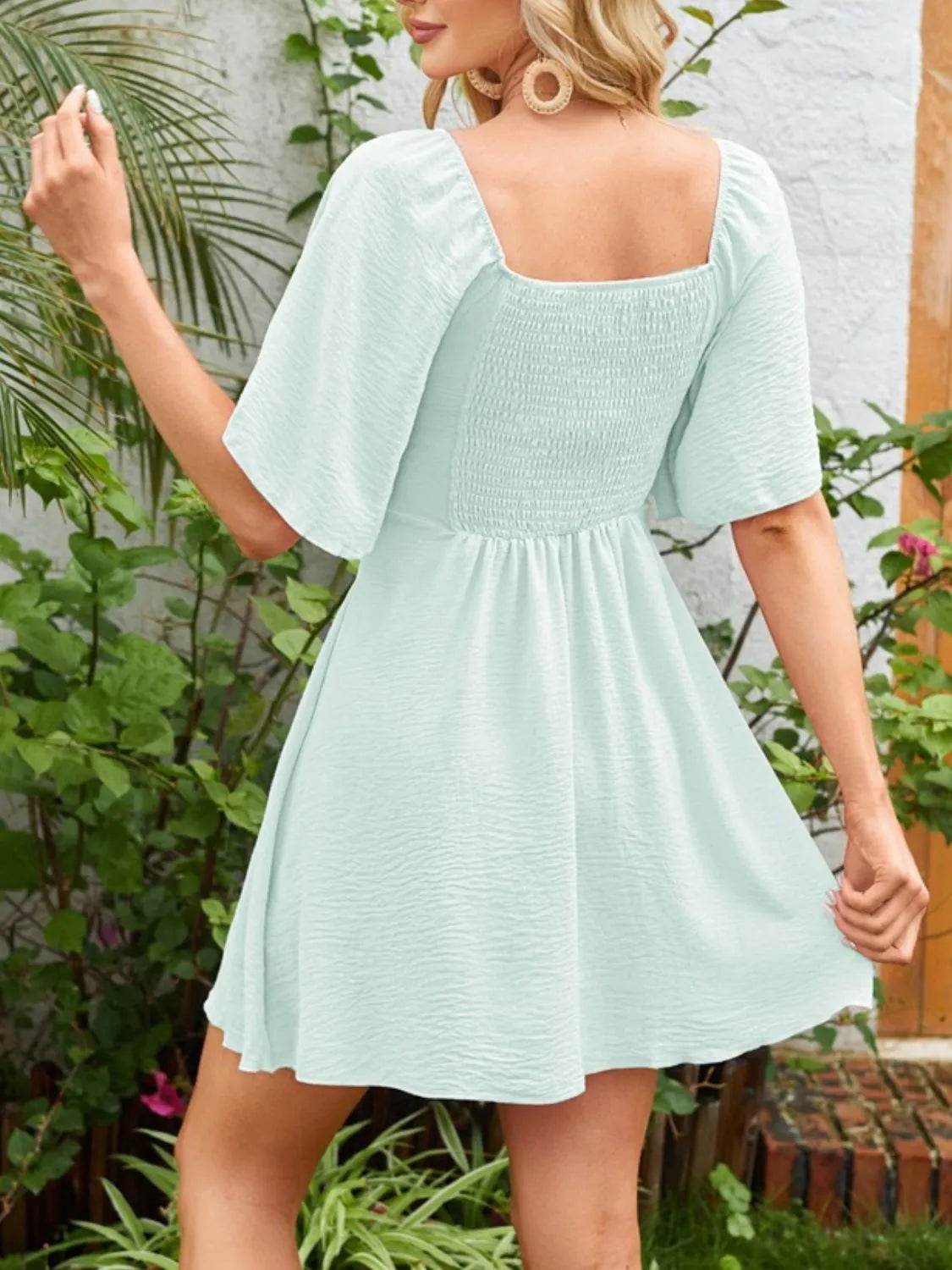 Bow Tie Front Angel Sleeve Mini Dress - MARIGOLD