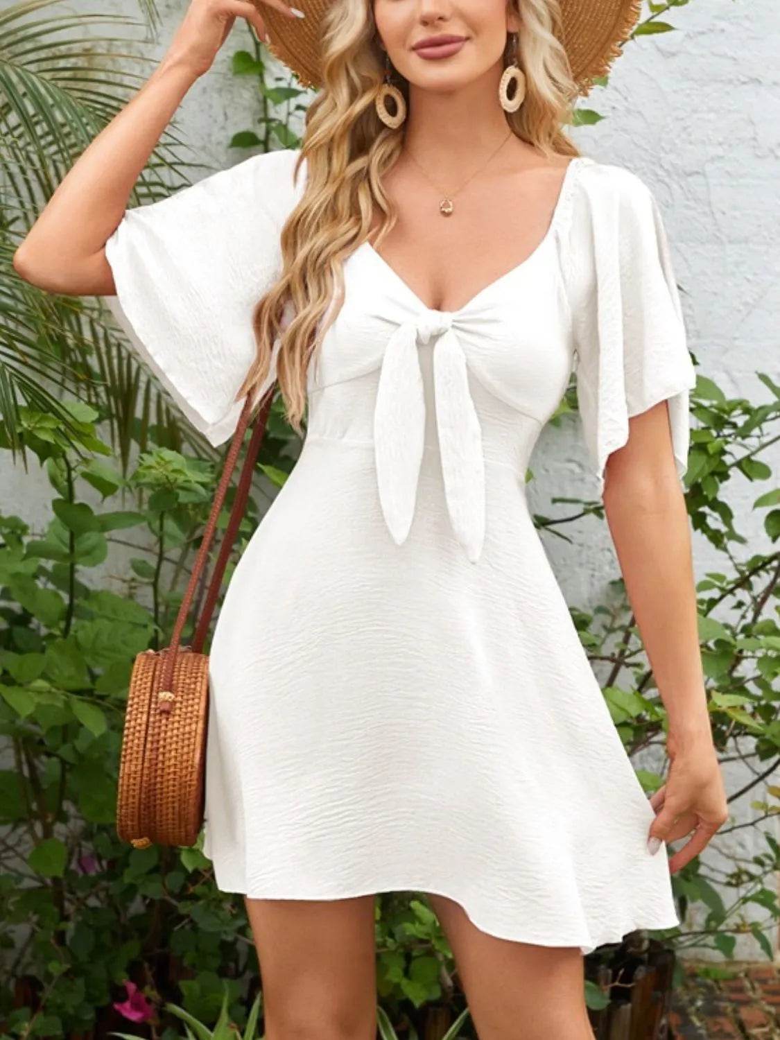 Bow Tie Front Angel Sleeve Mini Dress - MARIGOLD