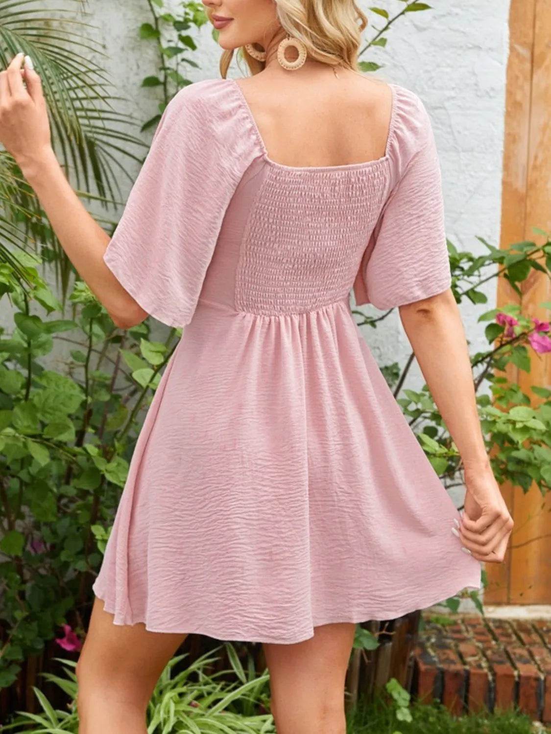 Bow Tie Front Angel Sleeve Mini Dress - MARIGOLD