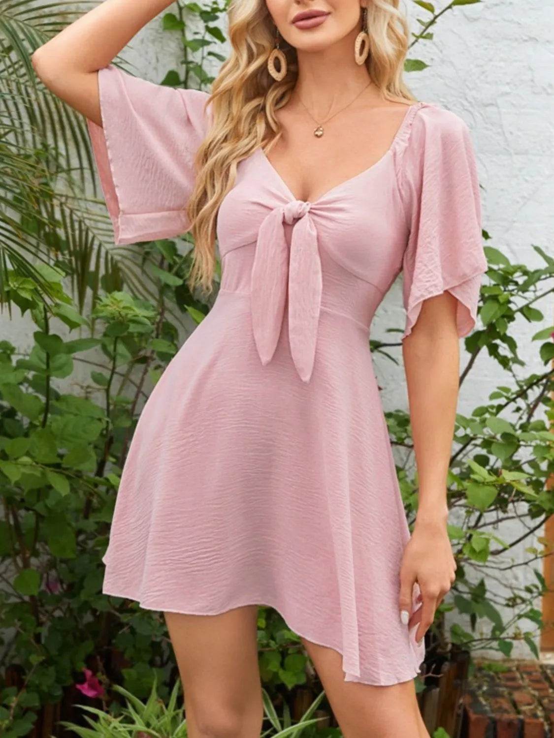 Bow Tie Front Angel Sleeve Mini Dress - MARIGOLD