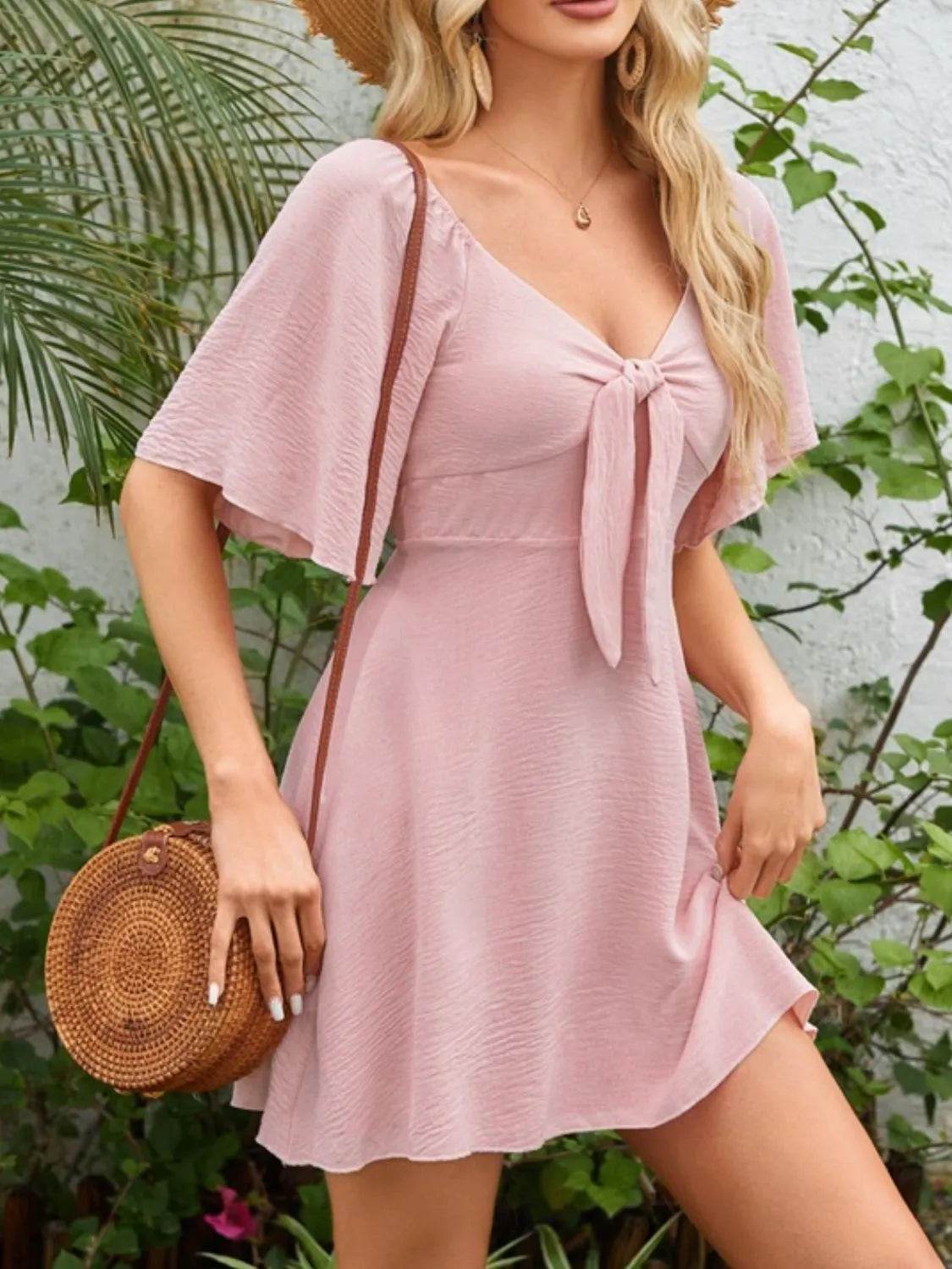 Bow Tie Front Angel Sleeve Mini Dress - MARIGOLD