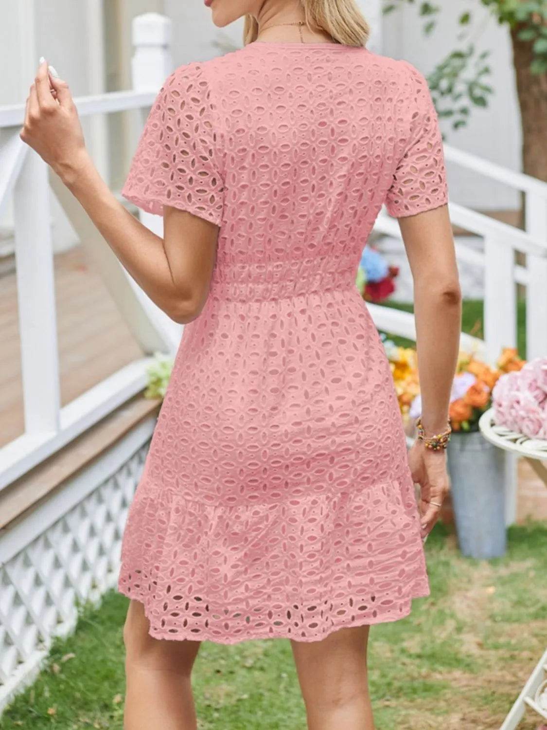 Eyelet Notched Neck Short Sleeve Mini Dress - MARIGOLD