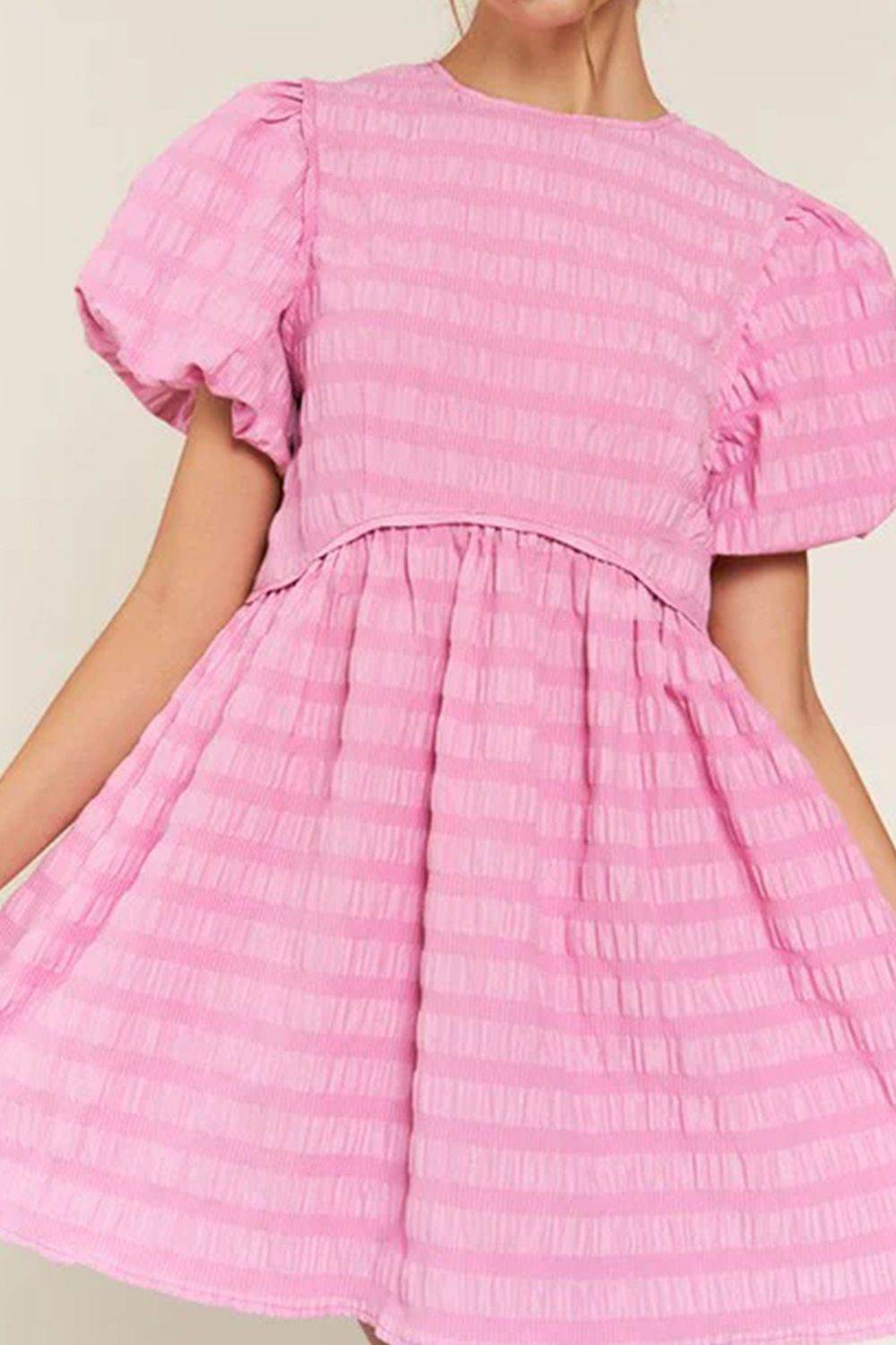 Pink Puff Sleeve Textured Mini Dress - MARIGOLD