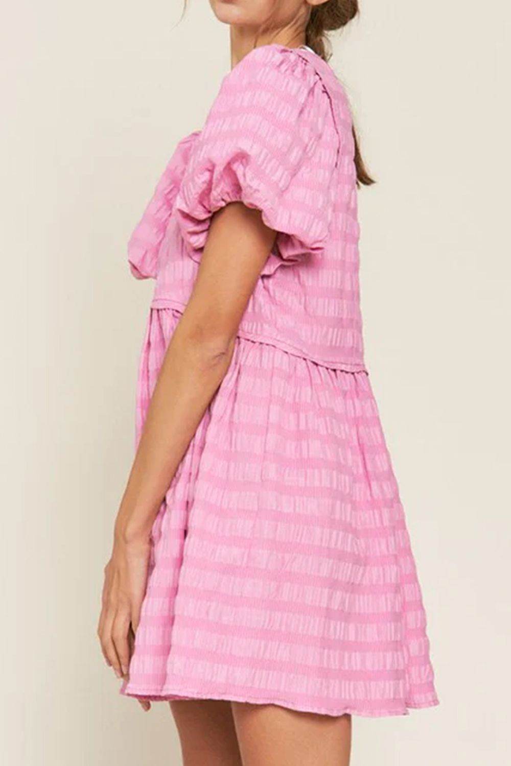 Pink Puff Sleeve Textured Mini Dress - MARIGOLD