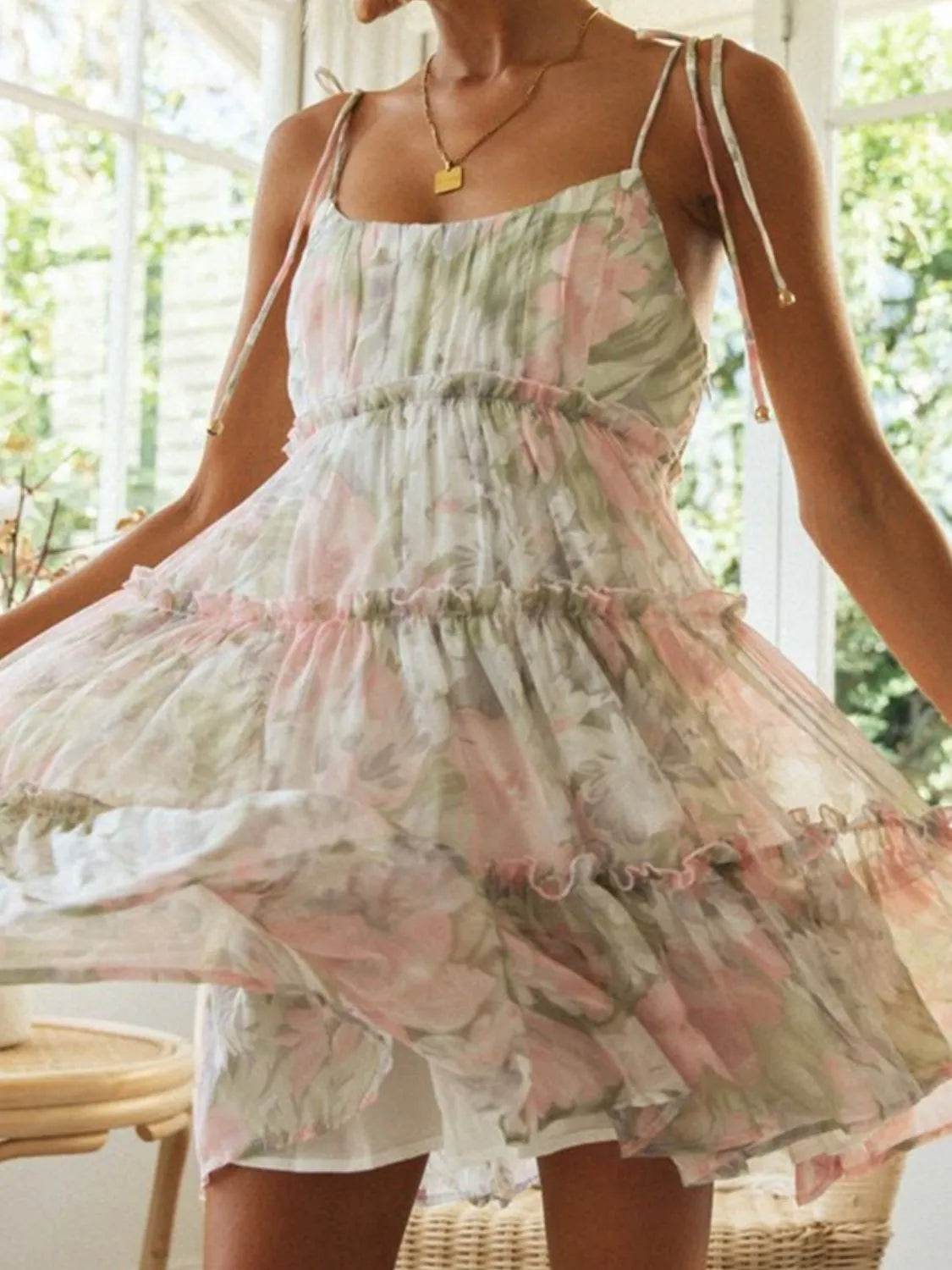 Tiered Frill Shoulder Tie Mini Cami Dress - MARIGOLD