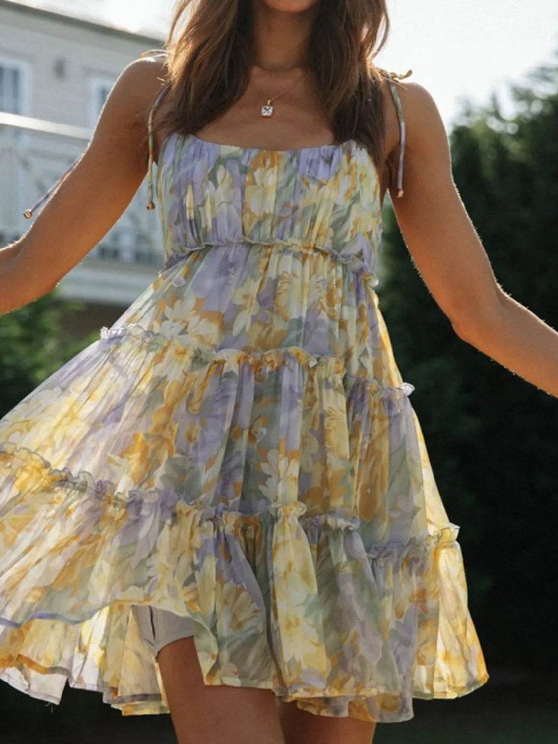 Tiered Frill Shoulder Tie Mini Cami Dress - MARIGOLD