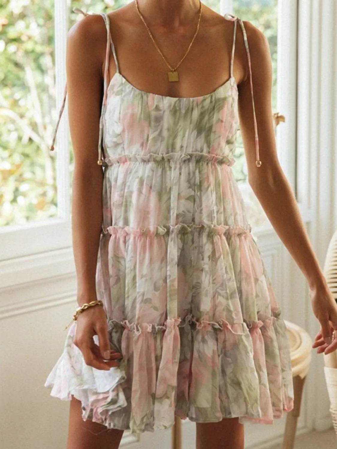 Tiered Frill Shoulder Tie Mini Cami Dress - MARIGOLD