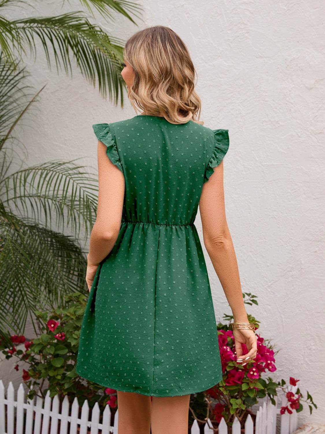 Swiss Dot V-Neck Mini Dress with Ruffle Sleeves - MARIGOLD