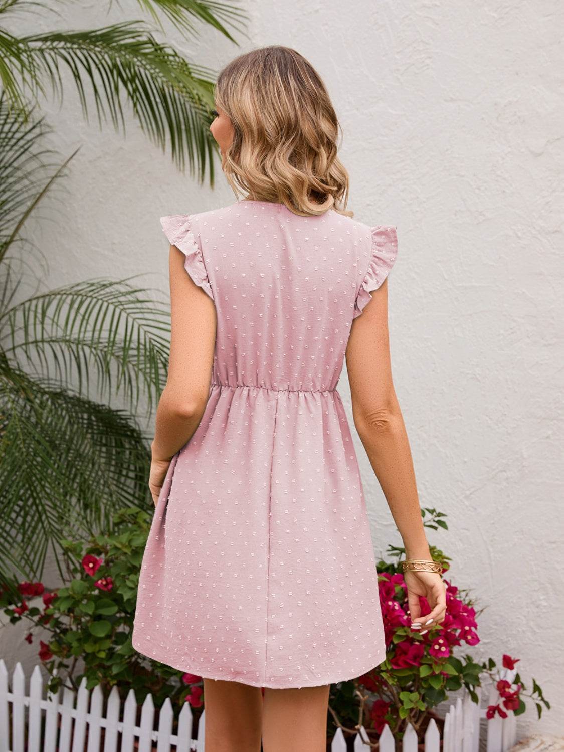Swiss Dot V-Neck Mini Dress with Ruffle Sleeves - MARIGOLD