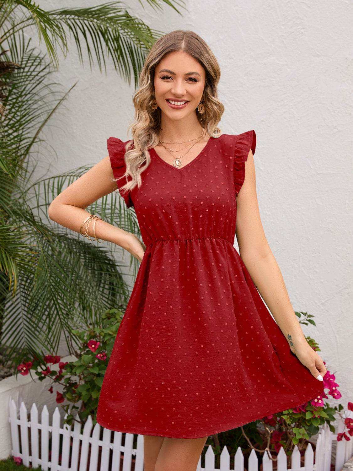 Swiss Dot V-Neck Mini Dress with Ruffle Sleeves - MARIGOLD