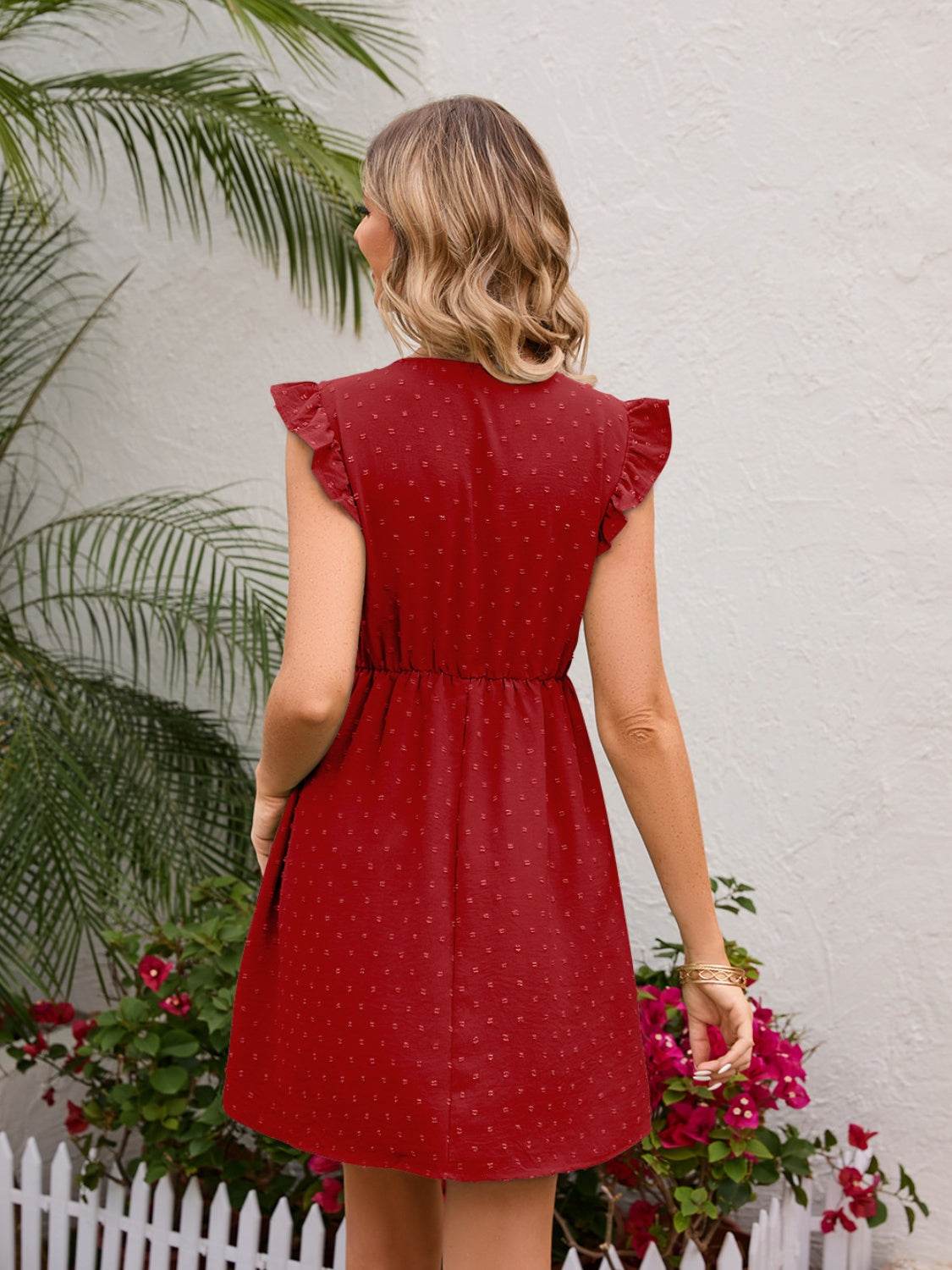 Swiss Dot V-Neck Mini Dress with Ruffle Sleeves - MARIGOLD