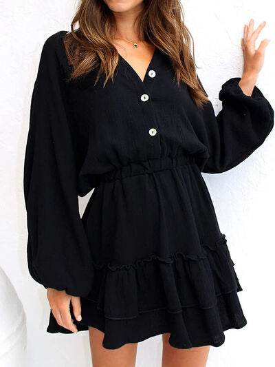 Ruffled Notched Balloon Sleeve Mini Dress - MARIGOLD