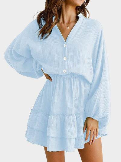 Ruffled Notched Balloon Sleeve Mini Dress - MARIGOLD