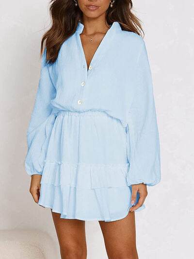 Ruffled Notched Balloon Sleeve Mini Dress - MARIGOLD