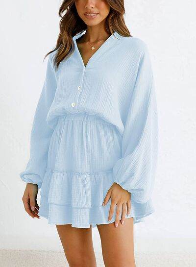 Ruffled Notched Balloon Sleeve Mini Dress - MARIGOLD