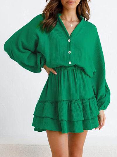 Ruffled Notched Balloon Sleeve Mini Dress - MARIGOLD