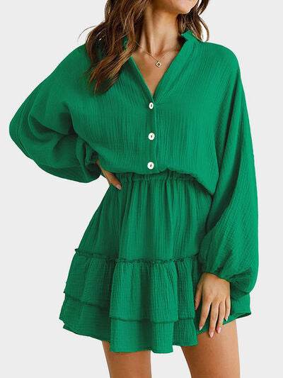 Ruffled Notched Balloon Sleeve Mini Dress - MARIGOLD