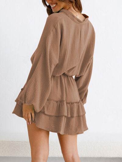 Ruffled Notched Balloon Sleeve Mini Dress - MARIGOLD