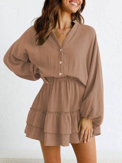 Ruffled Notched Balloon Sleeve Mini Dress - MARIGOLD
