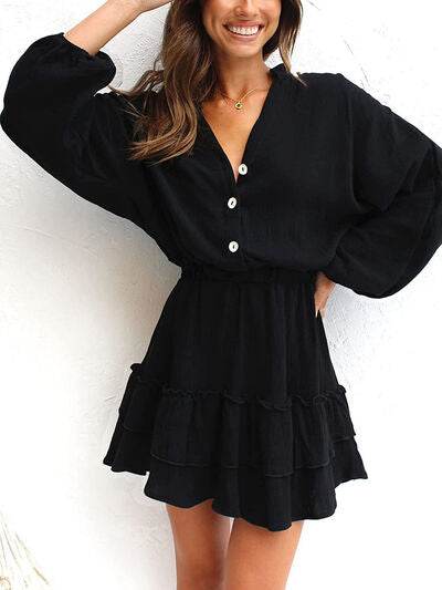 Ruffled Notched Balloon Sleeve Mini Dress - MARIGOLD