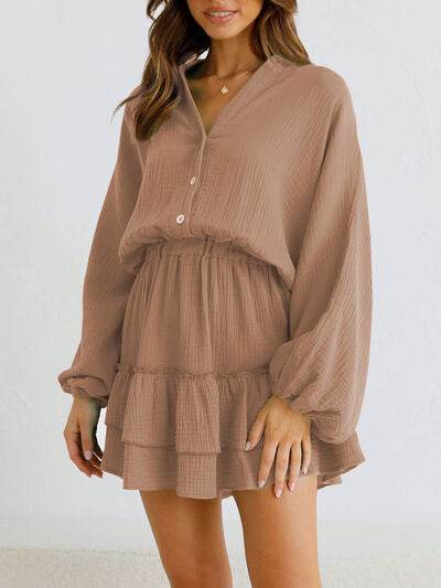 Ruffled Notched Balloon Sleeve Mini Dress - MARIGOLD