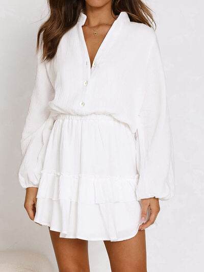 Ruffled Notched Balloon Sleeve Mini Dress - MARIGOLD