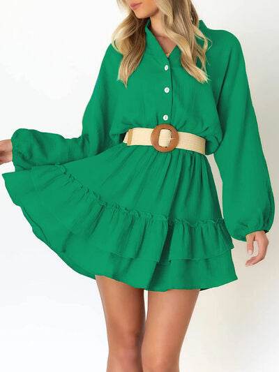 Ruffled Notched Balloon Sleeve Mini Dress - MARIGOLD